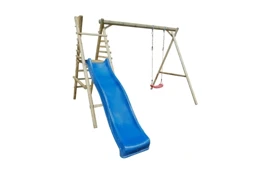 Detská drevená hojdačka Marimex 1 + modrá šmykľavka