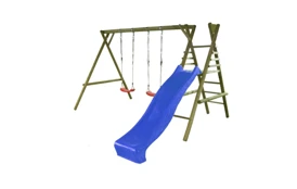 Detská drevená hojdačka Marimex 11 + modrá šmykľavka