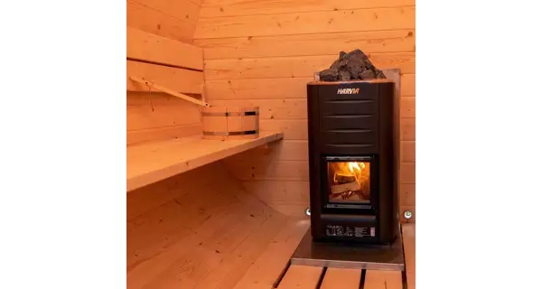 Fínska sudová sauna 3,5m s odpočivárňou, teráskou a pecou na drevo